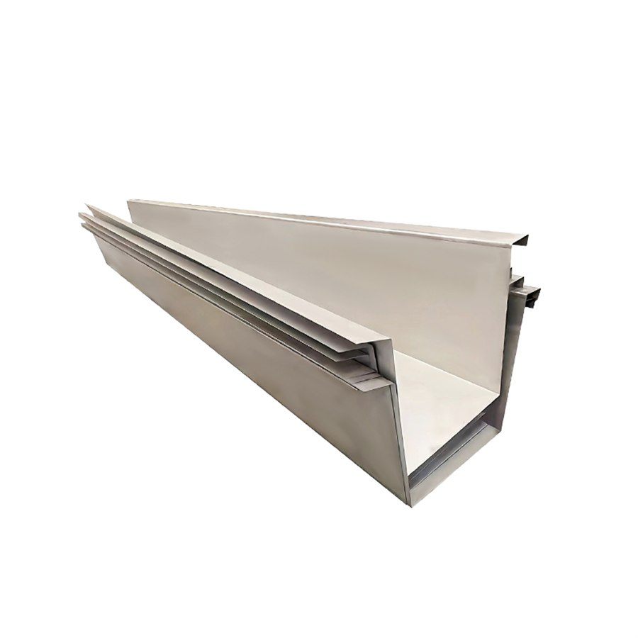 Four stainless steel collection troughs with V-notch weir crests on a white background