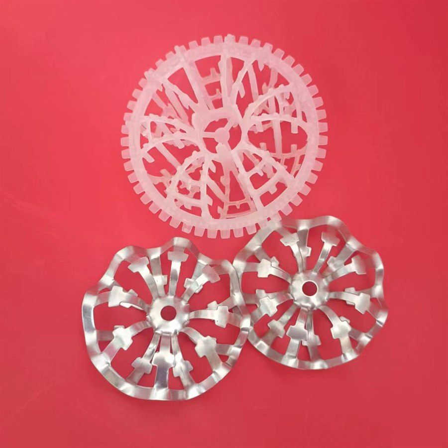 One plastic rosette ring above two stainless steel rosette rings on a red background